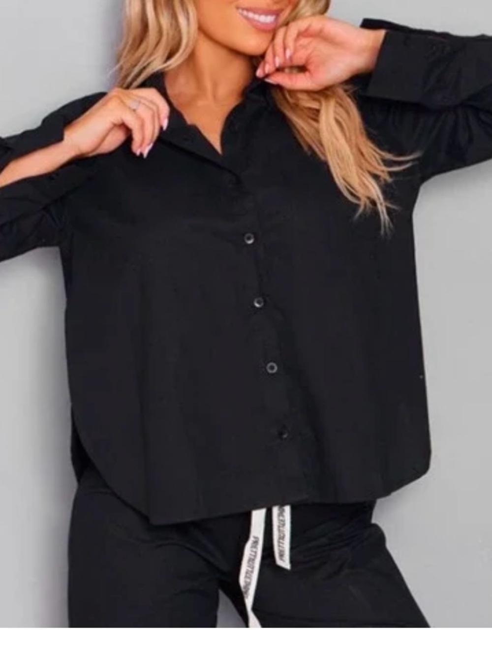 PrettyLittleThing Back Tie Detail LongSleeve Button Up Shirt Black UK Size S